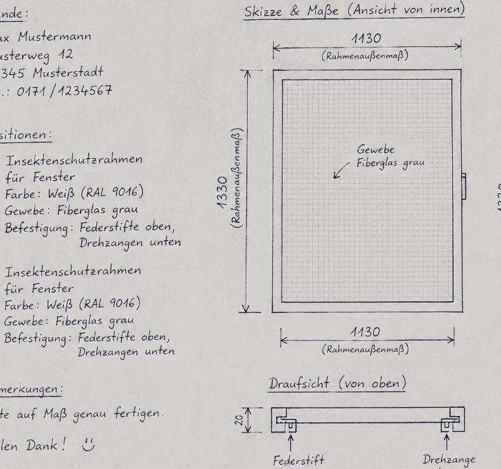 Aufmaßblatt: Kunde, Maße 1130 × 1330 mm, Skizze und Draufsicht