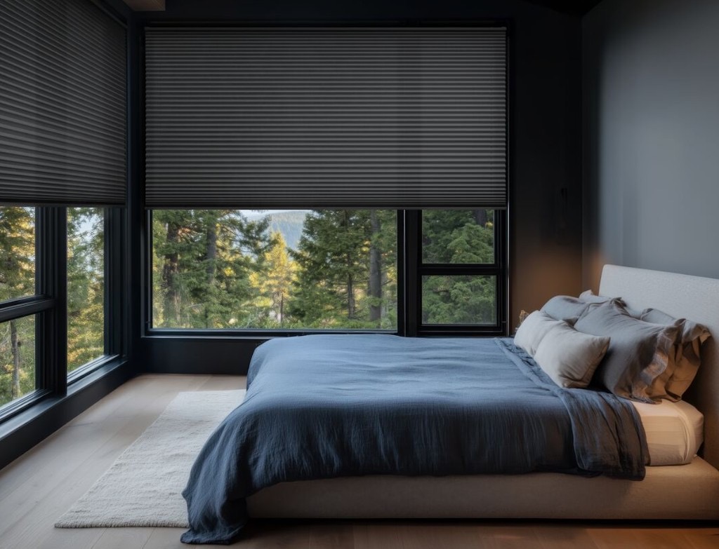 Plissee im Schlafzimmer — dunkle Faltstores vor Waldblick