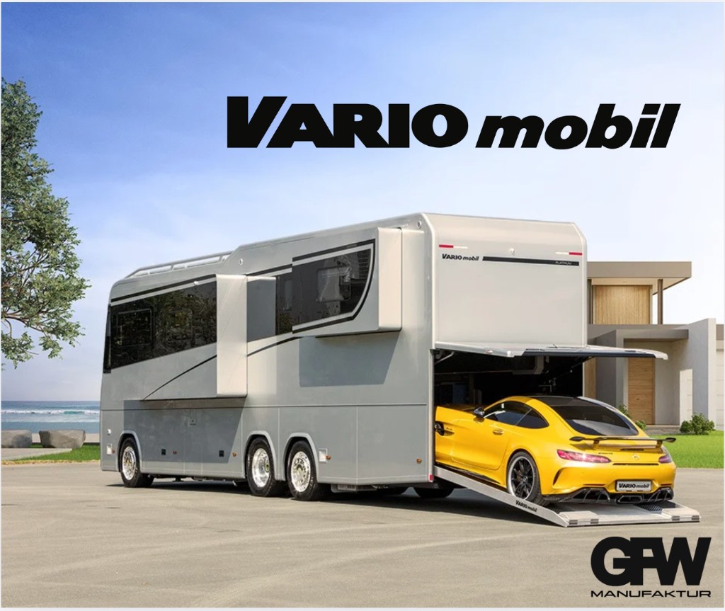 VARIO mobil Platinum mit GFW Plissee-Verschattung — Mercedes-AMG in der integrierten Garage